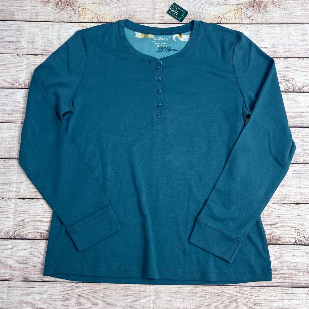 NWT L.L. Bean Cozy PJ Long Sleeve Henley Top Women's M Petite Teal Pajama Shirt
